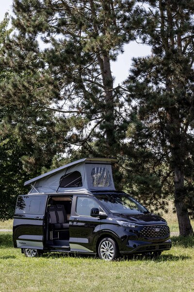 Ford Custom V710 L1 tetto con traversina - Parte anteriore alta - Soffietto a cielo aperto - Rivestimento stampato - Nero - Con LED 21171010