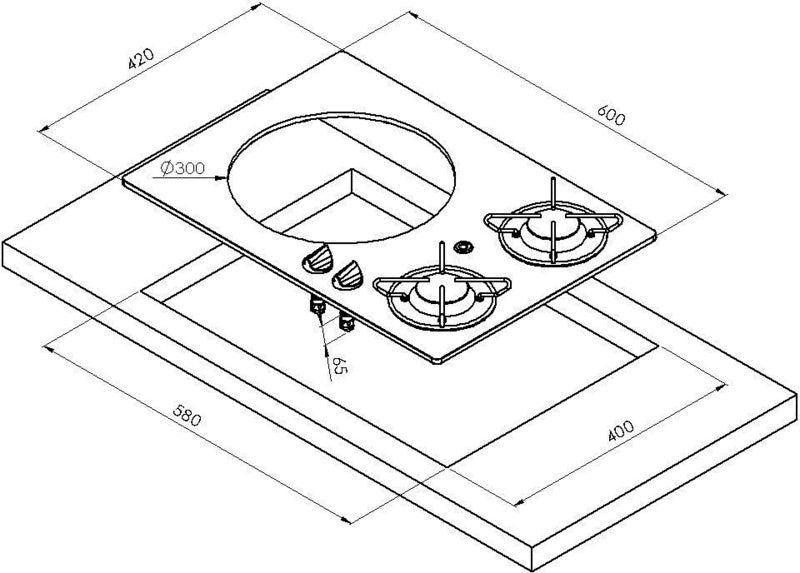 Combinazione piano cottura/lavello - 2 fuochi con vetro di sicurezza 70178