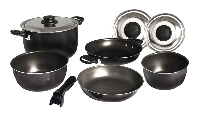 Set di pentole da campeggio 9 pezzi, alluminio, argento/nero 92300